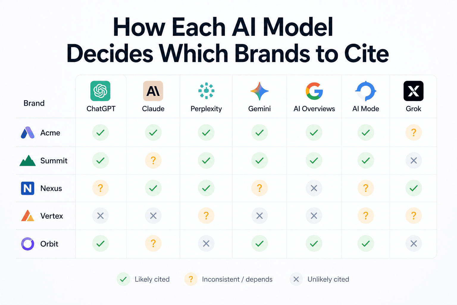 Comparison chart showing how major AI models may cite different brands