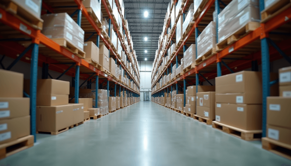 Organized ecommerce warehouse with shelves of packaged products